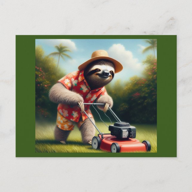 Sloth Mowing Lawn Postkarte (Vorderseite)