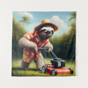 Sloth Mowing Lawn Wandteppich