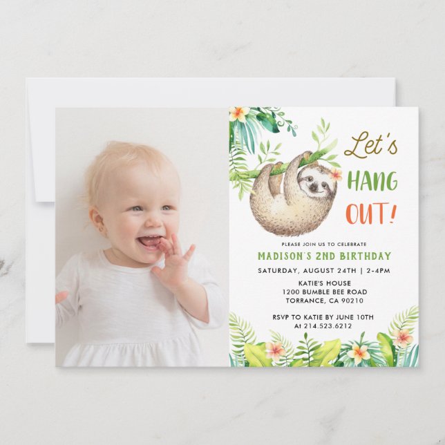 Sloth Party | Hanging Sloth Girl Birthday Foto Einladung (Vorderseite)