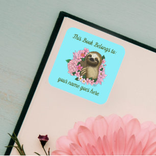 Sloth Pink Blume Buchzeichen Quadratischer Aufkleber