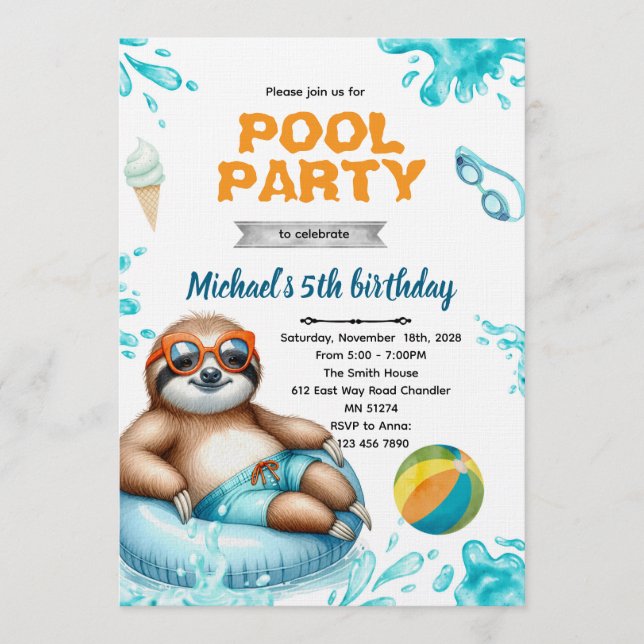 Sloth Pool Party Birthday Invite Einladung (Vorderseite)