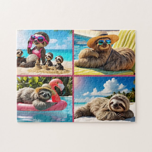 Sloth Pool Party Collage Funny Relaxing Beach (Horizontal)
