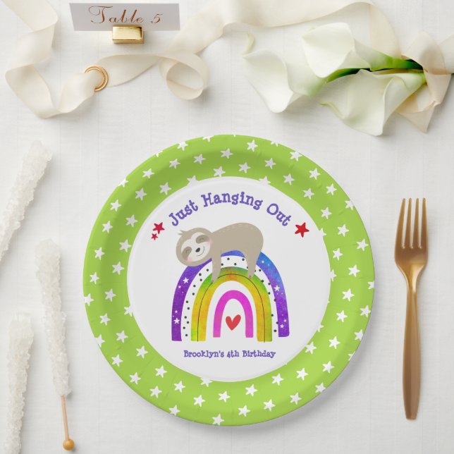 Sloth Rainbow Birthday Green Kawaii Niedlich Boho Pappteller (Hochzeit)