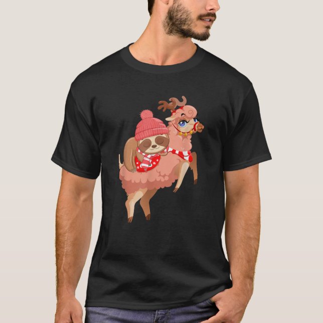 Sloth Riding Llama Reindeer Christmas Pajama Anima T-Shirt (Vorderseite)
