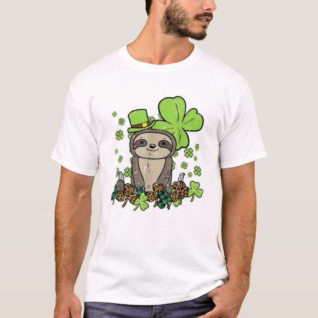 Sloth Shamrock Karo Leopard St Patricks Day Männer T-Shirt (Vorderseite)