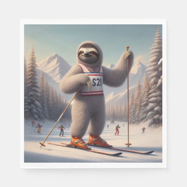 Sloth Skiing Serviette (Vorderseite)
