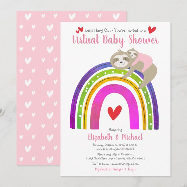 Sloths Virtual Girl Baby Dusche Niedlich Boho Rain Einladung (Vorne/Hinten)