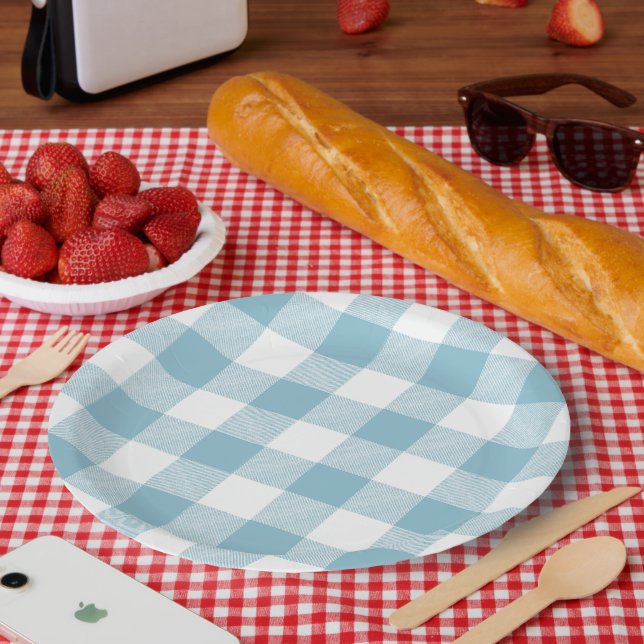 Slow-Living Eisblau Karo Pappteller (Picknick)