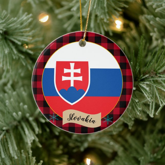 Slowakei, Rotes Büffel kariert & Slowakei-Flagge Keramik Ornament (Baum)