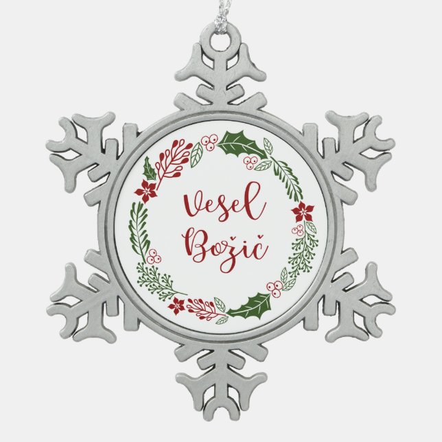 Slowenischer froher Weihnachtsreath, Vesel Božič Schneeflocken Zinn-Ornament (Vorderseite)
