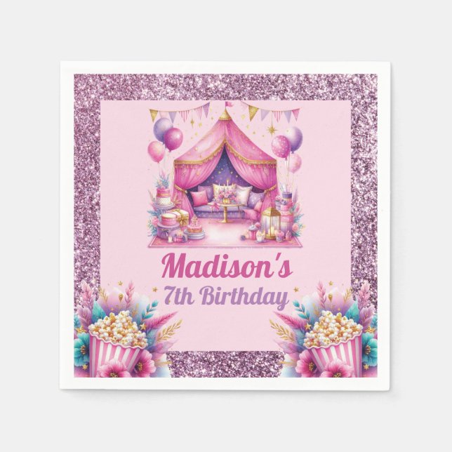 Slumber Birthday Party Custom Pink Lila Glitzer Serviette (Vorderseite)