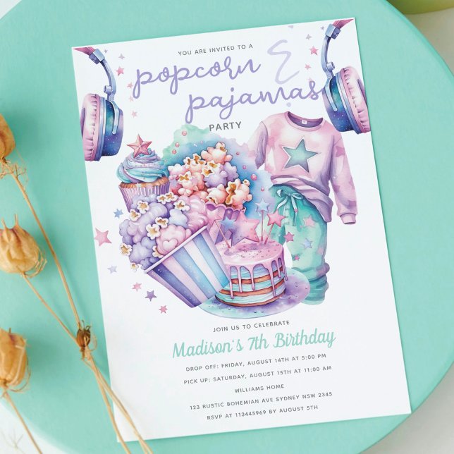 Slumber Girl Birthday Popcorn & Pajamas Einladung (Von Creator hochgeladen)