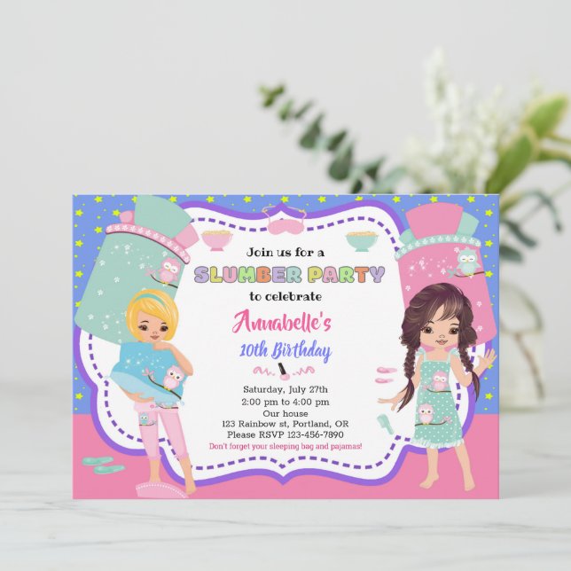 Slumber Party Einladung Sleepover Geburtstag laden (Stehend Vorderseite)