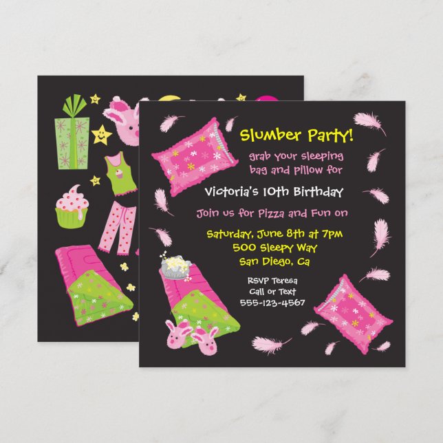 Slumber Party Kissen Einladung (Vorne/Hinten)