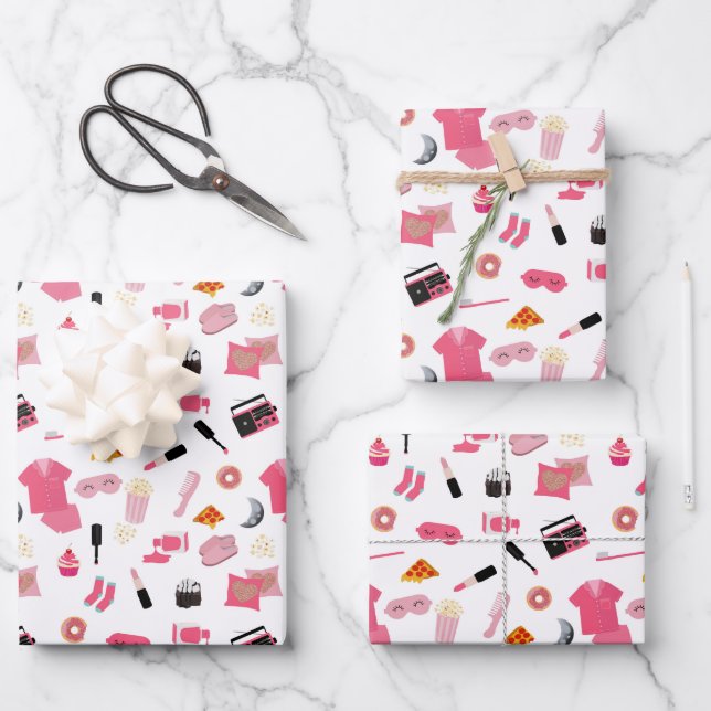 Slumber Party Pink Girl Kindermuster Geschenkpapier Set (Vorderseite)