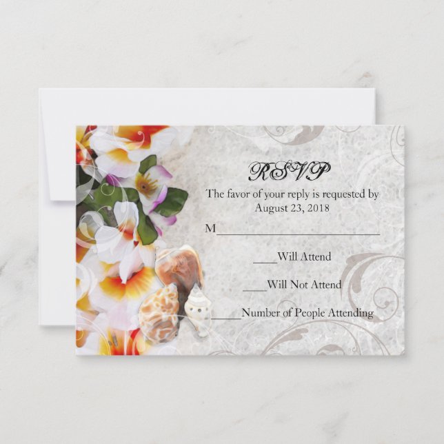 Sm Plumeria Orchid Lei in Sand Beach Wedding UAWG RSVP Karte (Vorderseite)