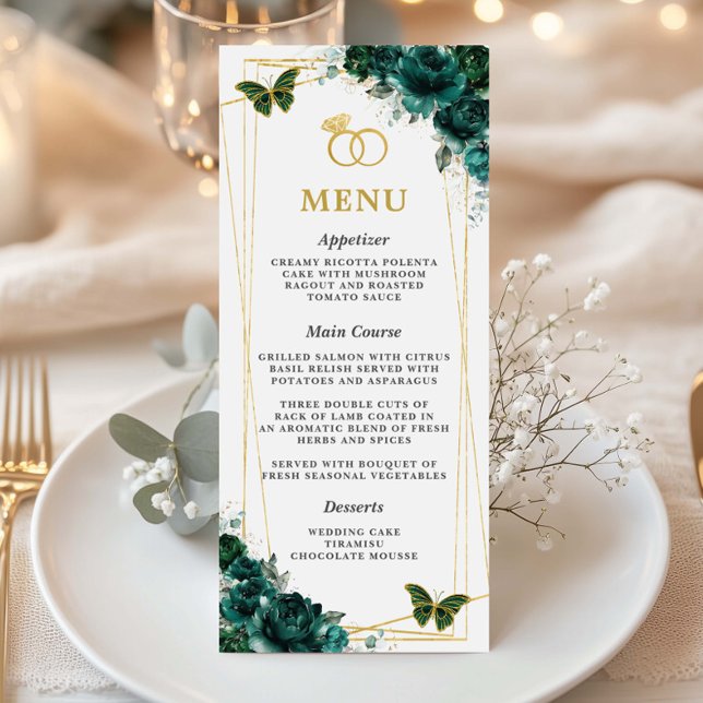 Smaglosgrüne Florale Schmetterlinge Hochzeit Schla Programm (emerald-green-floral-gold-geometric-butterflies-slim-menu-cards-for-wedding-intertwined-gold-rings)