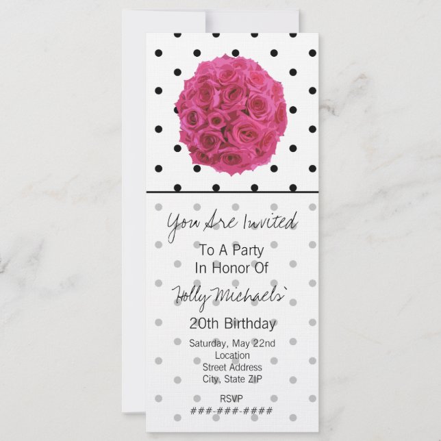 Small Black Polka Dots / Rose Party Einladung (Vorderseite)