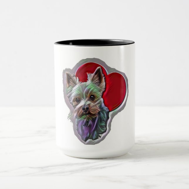 Small Blue Gold PopArt Yorkshire Yorkie Terrier Tasse (Zentrum)