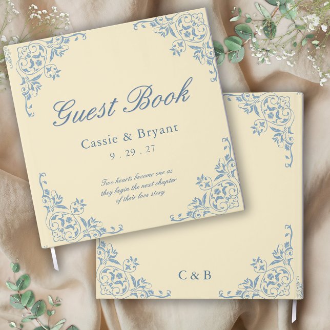 Small Butter Yellow Coastal Wedding Gästebuch (butter yellow wedding guest book with vintage decorative border in dusty blue with  unique message)