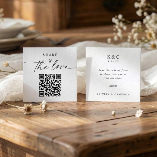 Small Modern Share the Love Cards with QR Code Begleitkarte (Small photo sharing qr code cards for wedding receptions - front and back sides.)