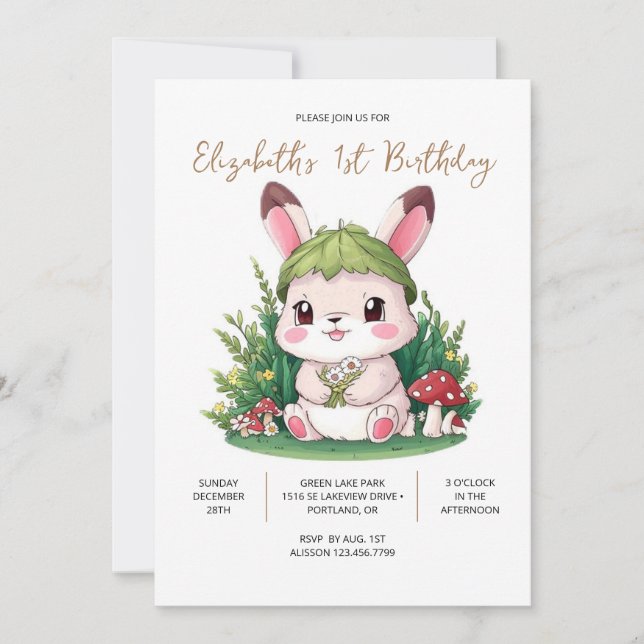 Small Whimsical Bunny 1. Geburtstag Digital Einladung (Vorderseite)
