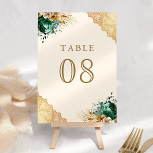 Smaragd Blumen Gold Spitze Creme Hochzeit Tischnummer