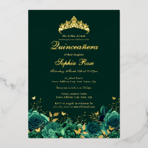 Smaragd-Blumen-Schmetterling-Quinceanera-Geburtsta Folieneinladung