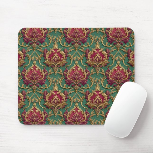 Smaragd-Burgunder-Barock-Damask Mousepad (Mit Mouse)
