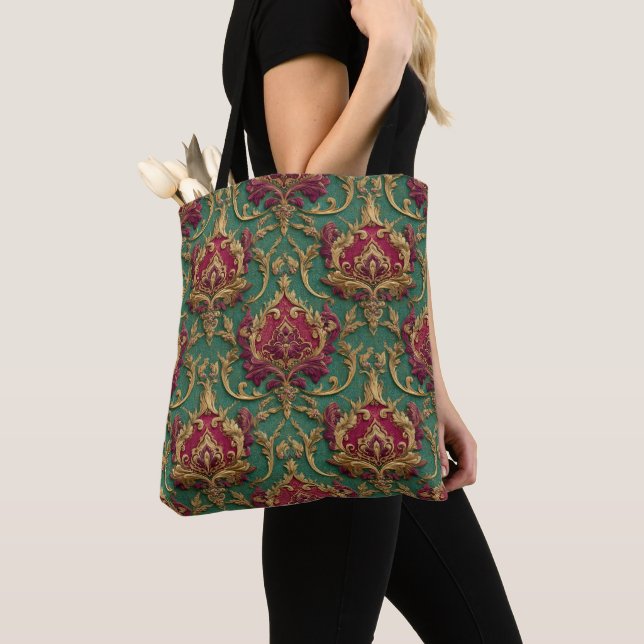 Smaragd-Burgunder-Barock-Damaskus Tasche (Von Nahem)