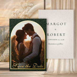 Smaragd, Elfenbein & Goldfolie Foto Save-the-Date- Folieneinladung
