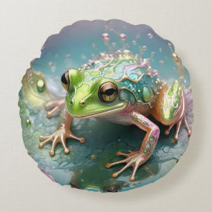 "Smaragd-Essenz: Grüner Frosch in Fraktal-Kunst" Rundes Kissen
