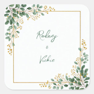Smaragd-Eukalyptus-Gold-Beeren-Rahmen-Hochzeit Quadratischer Aufkleber