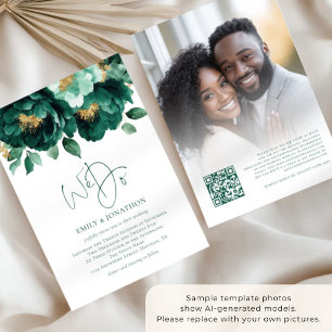 Smaragd-Gold-Blumen-Foto-QR-Code-Hochzeit Einladung