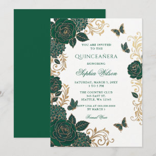 Smaragd-Gold-Blumen-Schmetterling-Quinceañera Einladung