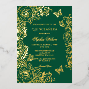 Smaragd-Gold-Blumen-Schmetterling-Quinceañera Folieneinladung
