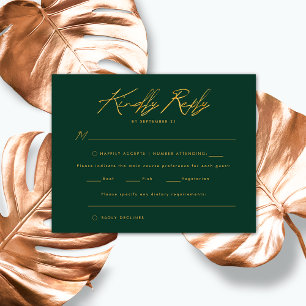 Smaragd-Gold-Handschrift-Script Elegante Hochzeit RSVP Karte