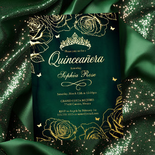 Smaragd-Gold-Kronenrosen-Thema Quinceanera  Folieneinladung