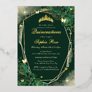 Smaragd-Gold-Schmetterling Floral Quinceanera Folieneinladung