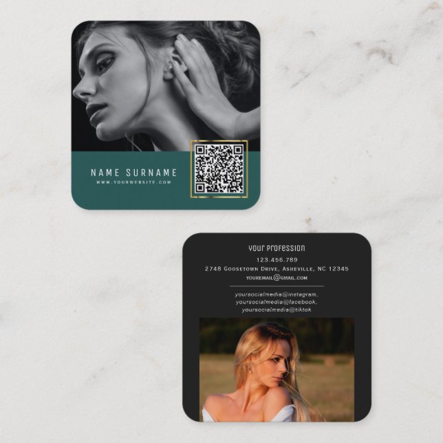 Smaragd scannbares Strichcode QR-Foto Quadratische Visitenkarte (Vorne/Hinten)