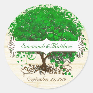 Smaragd-Schwirren-Herz-Blatt-Baum-Hochzeit Runder Aufkleber