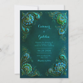 Smaragd-Teal-Ecken-Blüten-Hochzeit Einladung
