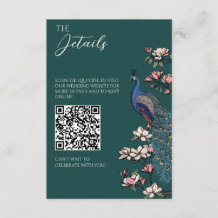 Smaragd Türkis Pfau QR-Code Hochzeit Begleitkarte