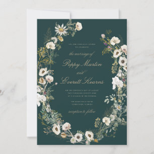 Smaragd- und cremefarbene florale Mohn-Hochzeitsei Einladung