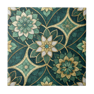Smaragd- und Gold-Blumenmandala - Ornamental Fliese