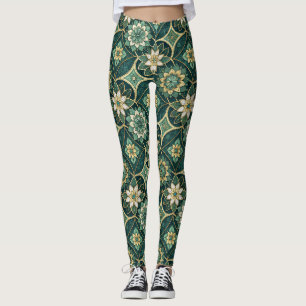 Smaragd- und Gold-Blumenmandala - Ornamental Leggings