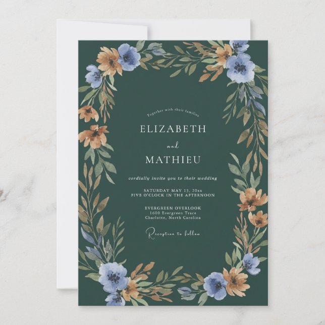 Smaragdblaue Botanische Aquarell-Hochzeit Einladung (Vorderseite)