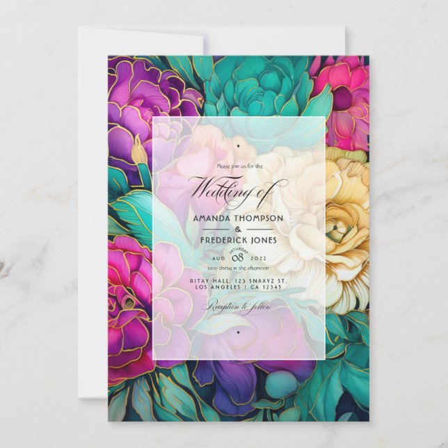 Smaragdfarbene, heiße rosa und goldene blumenreich einladung (Vorderseite)
