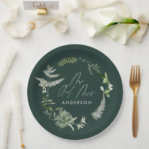 Smaragdfarbene moderne botanische Skripthochzeit Pappteller