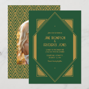 Smaragdgrün & Altgold Art Deco Hochzeitsfoto Einladung